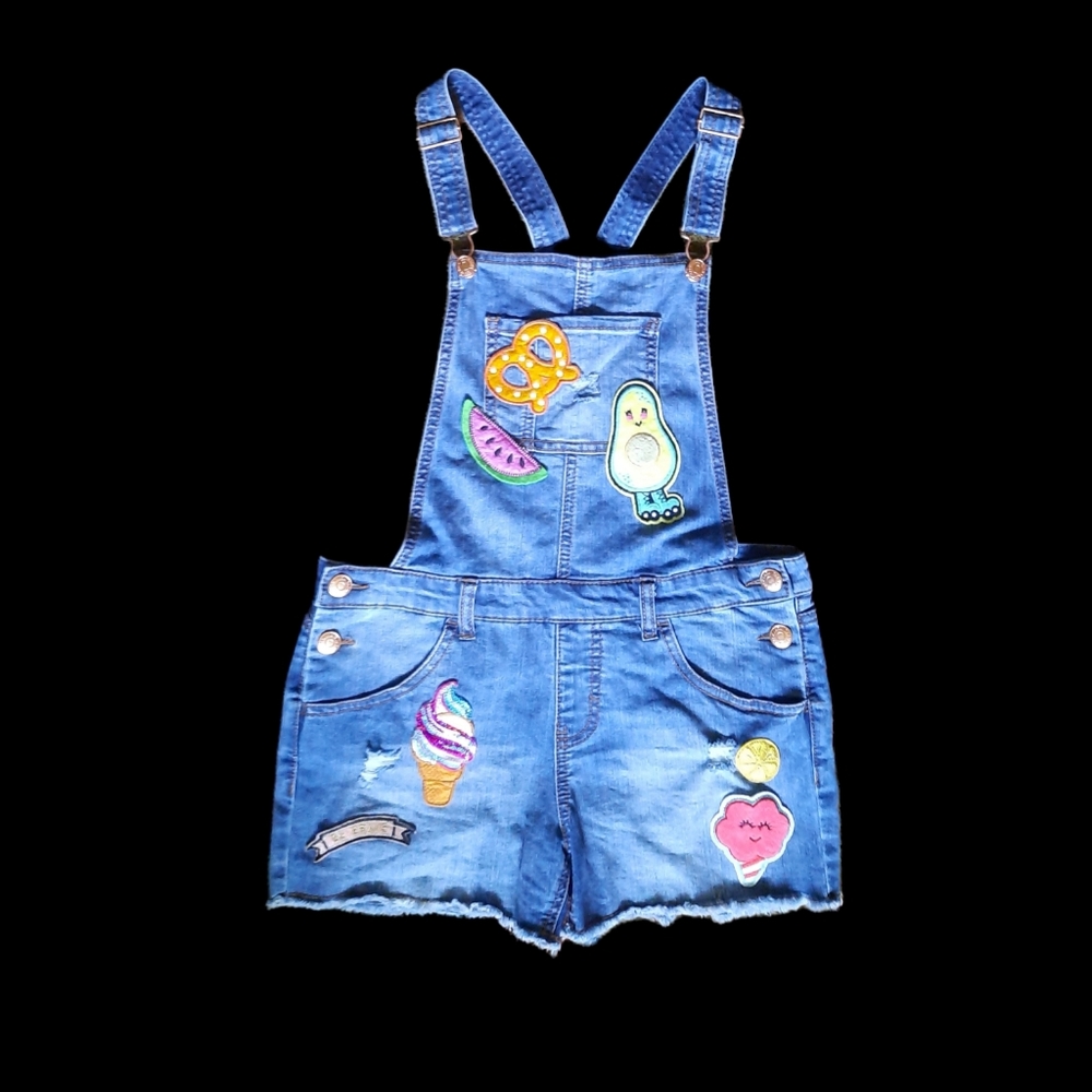 Cute Embroidery Patched Bib overall shorts for kids sz xl